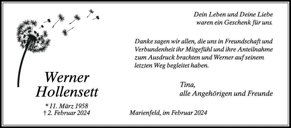  Traueranzeige für Werner Hollensett vom 24.02.2024 aus Die Glocke
