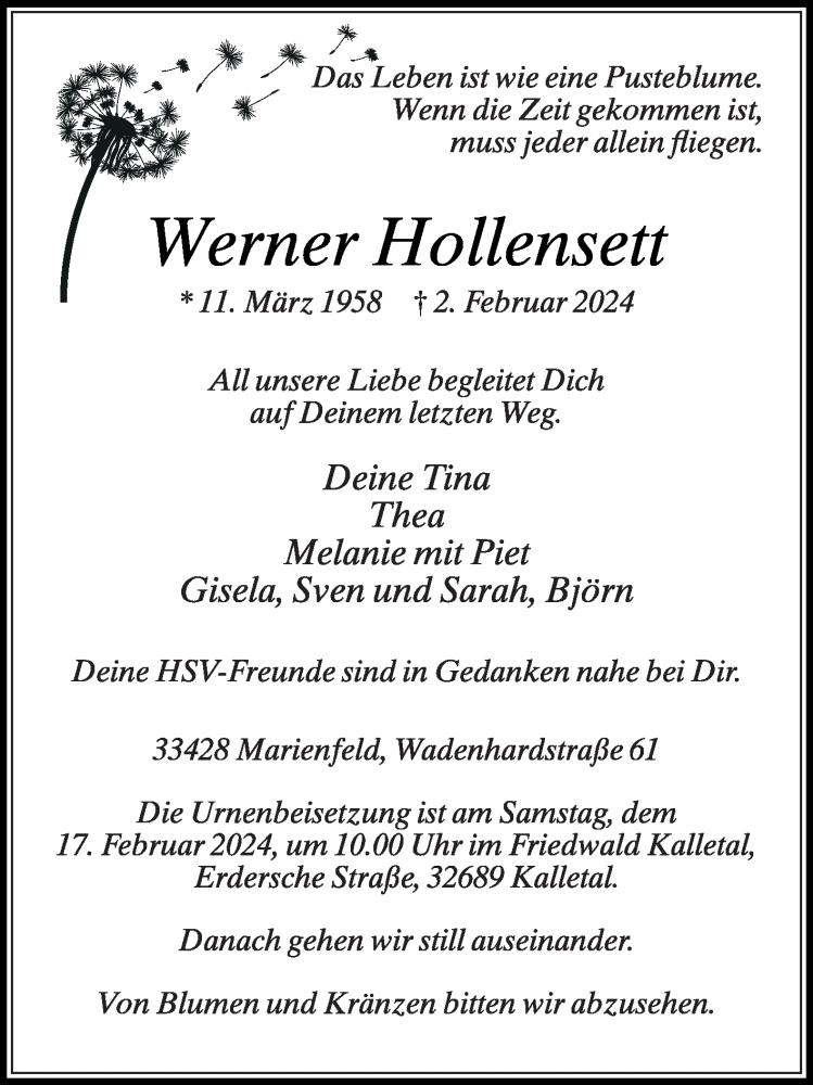  Traueranzeige für Werner Hollensett vom 10.02.2024 aus Die Glocke