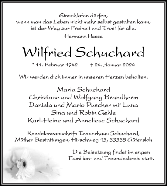 Traueranzeige von Wilfried Schuchard von Die Glocke