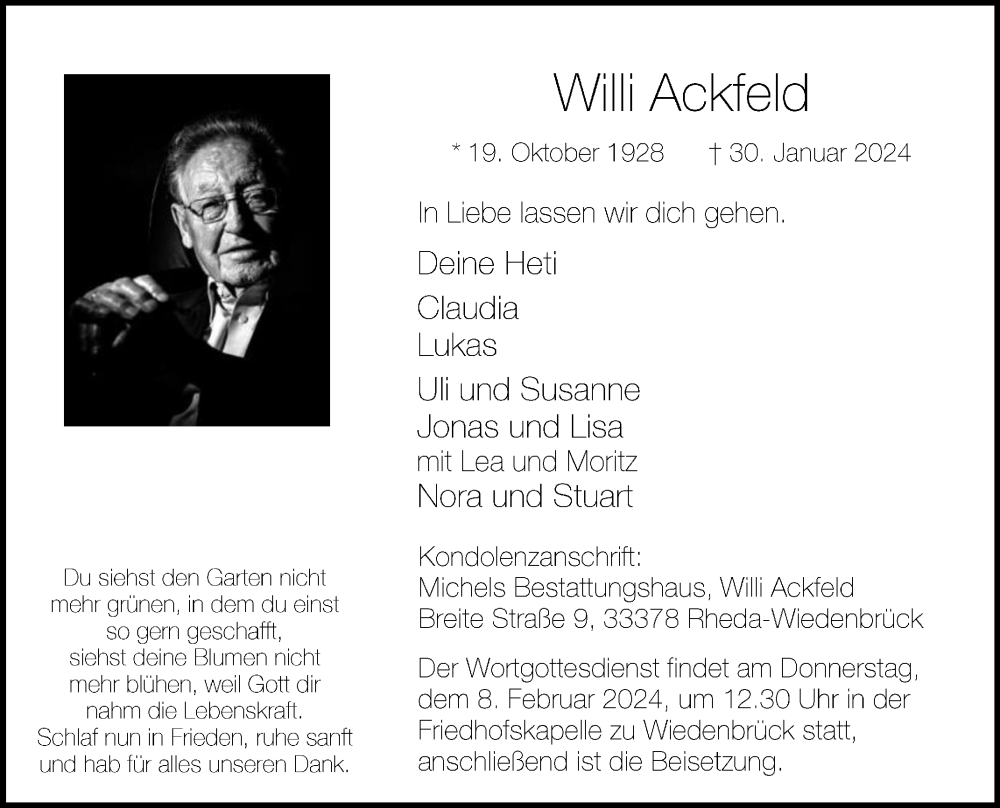  Traueranzeige für Willi Ackfeld vom 03.02.2024 aus Die Glocke