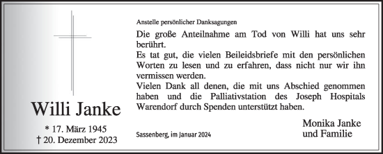 Traueranzeige von Willi Janke von Die Glocke