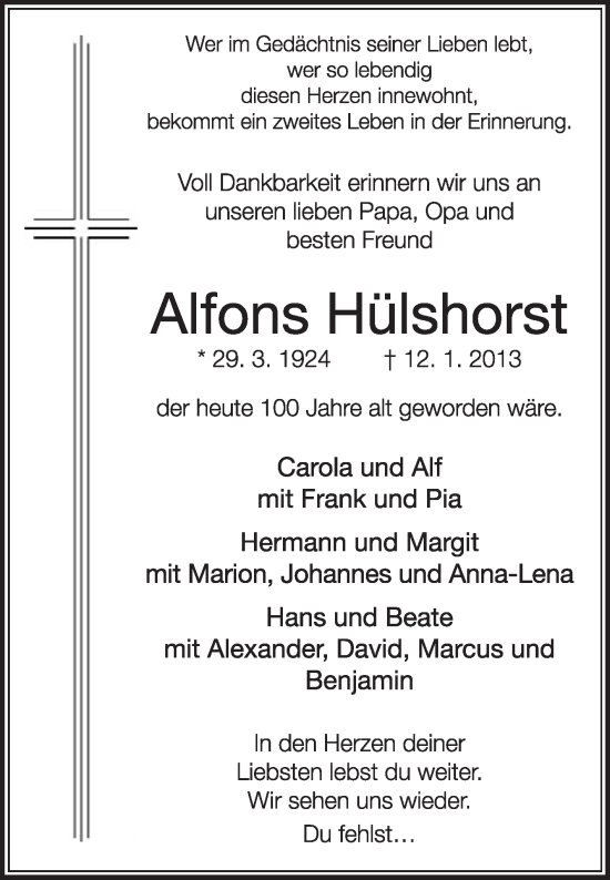 Traueranzeige von Alfons Hülshorst von Die Glocke