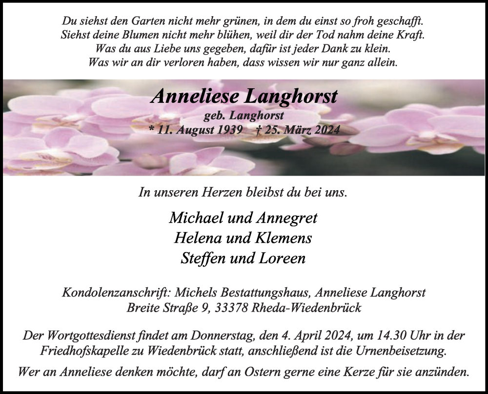  Traueranzeige für Anneliese Langhorst vom 29.03.2024 aus Die Glocke