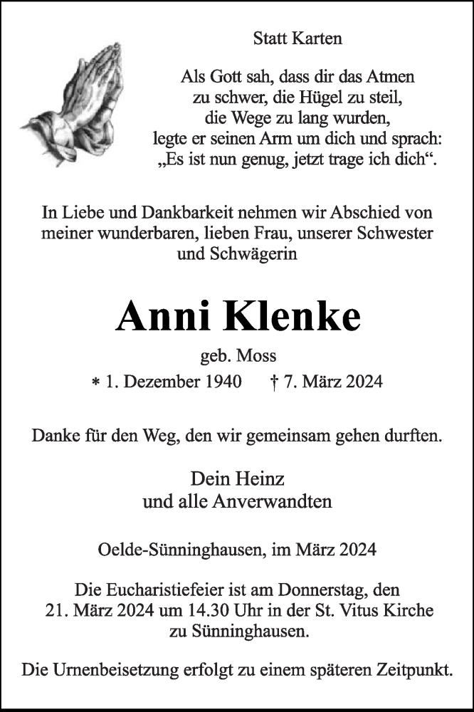  Traueranzeige für Anni Klenke vom 16.03.2024 aus Die Glocke