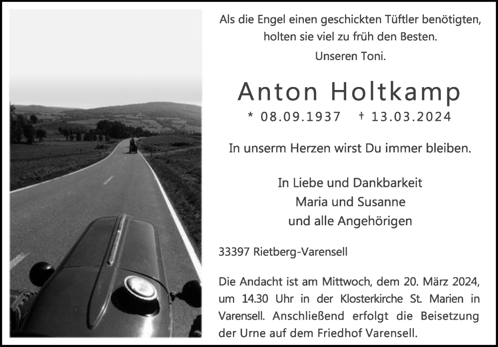  Traueranzeige für Anton Holtkamp vom 16.03.2024 aus Die Glocke