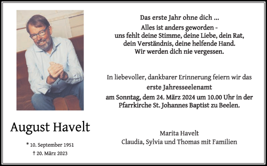 Traueranzeige von August Havelt von Die Glocke