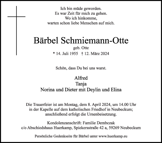 Traueranzeige von Bärbel Schmiemann-Otte von Die Glocke
