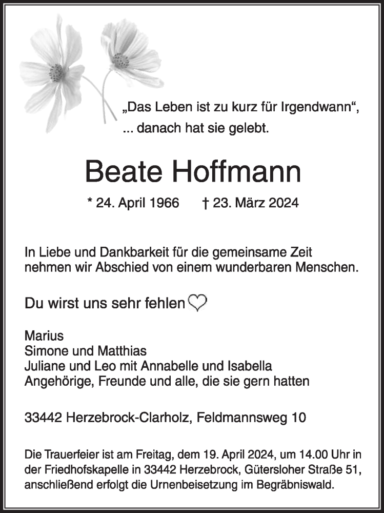  Traueranzeige für Beate Hoffmann vom 29.03.2024 aus Die Glocke
