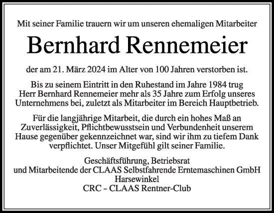 Traueranzeige von Bernhard Rennemeier von Die Glocke