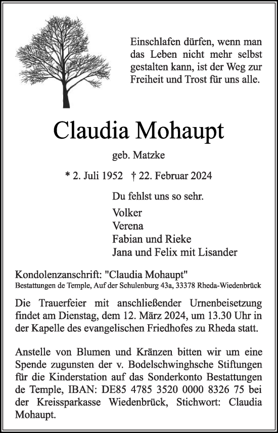 Traueranzeige von Claudia Mohaupt von Die Glocke