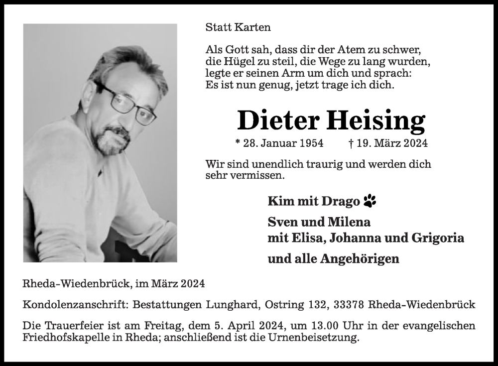  Traueranzeige für Dieter Heising vom 29.03.2024 aus Die Glocke
