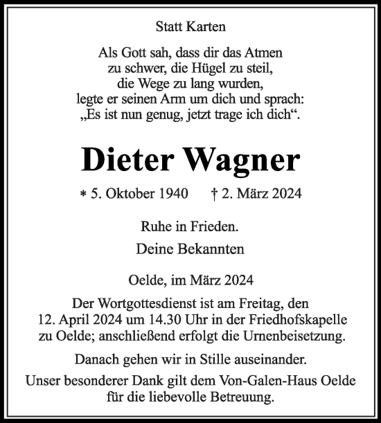 Traueranzeige von Dieter Wagner von Die Glocke