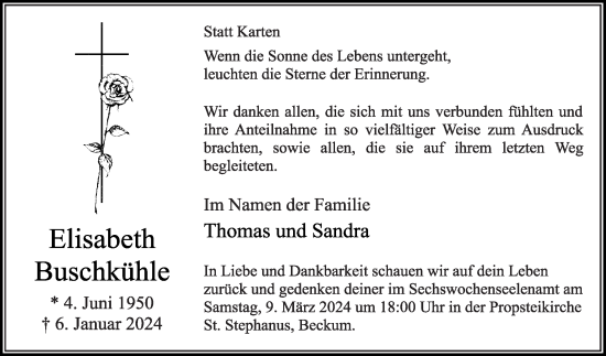 Traueranzeige von Elisabeth Buschkühle von Die Glocke