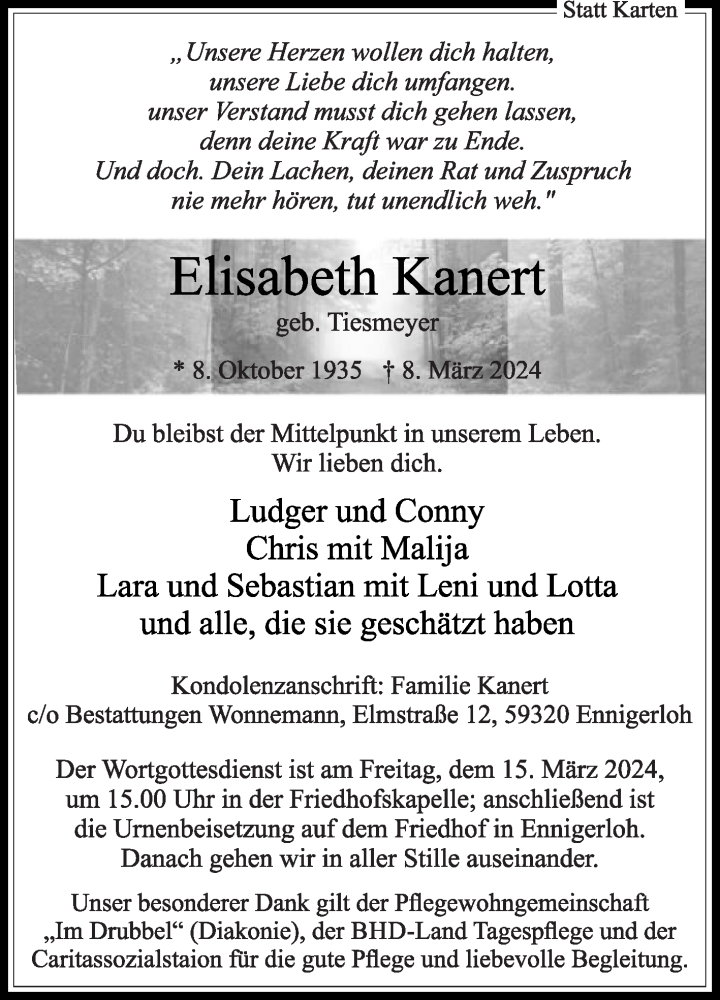  Traueranzeige für Elisabeth Kanert vom 13.03.2024 aus Die Glocke
