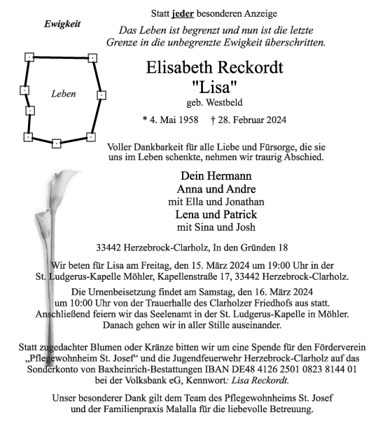 Traueranzeige von Elisabeth Reckordt von Die Glocke