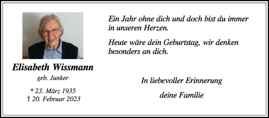 Traueranzeige von Elisabeth Wissmann von Die Glocke