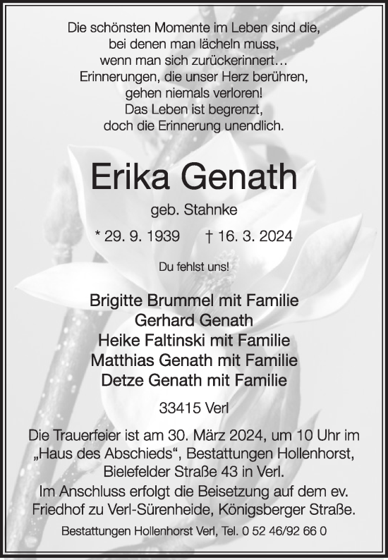 Traueranzeige von Erika Genath von Die Glocke