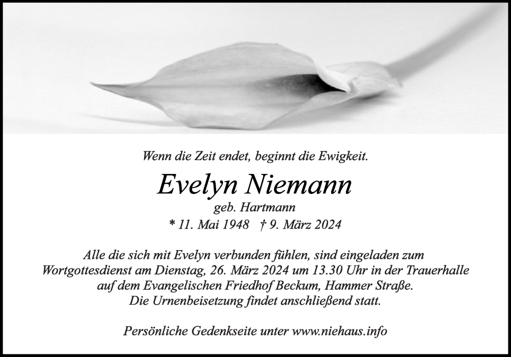  Traueranzeige für Evelyn Niemann vom 16.03.2024 aus Die Glocke