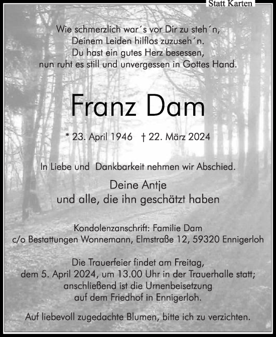 Traueranzeige von Franz Dam von Die Glocke