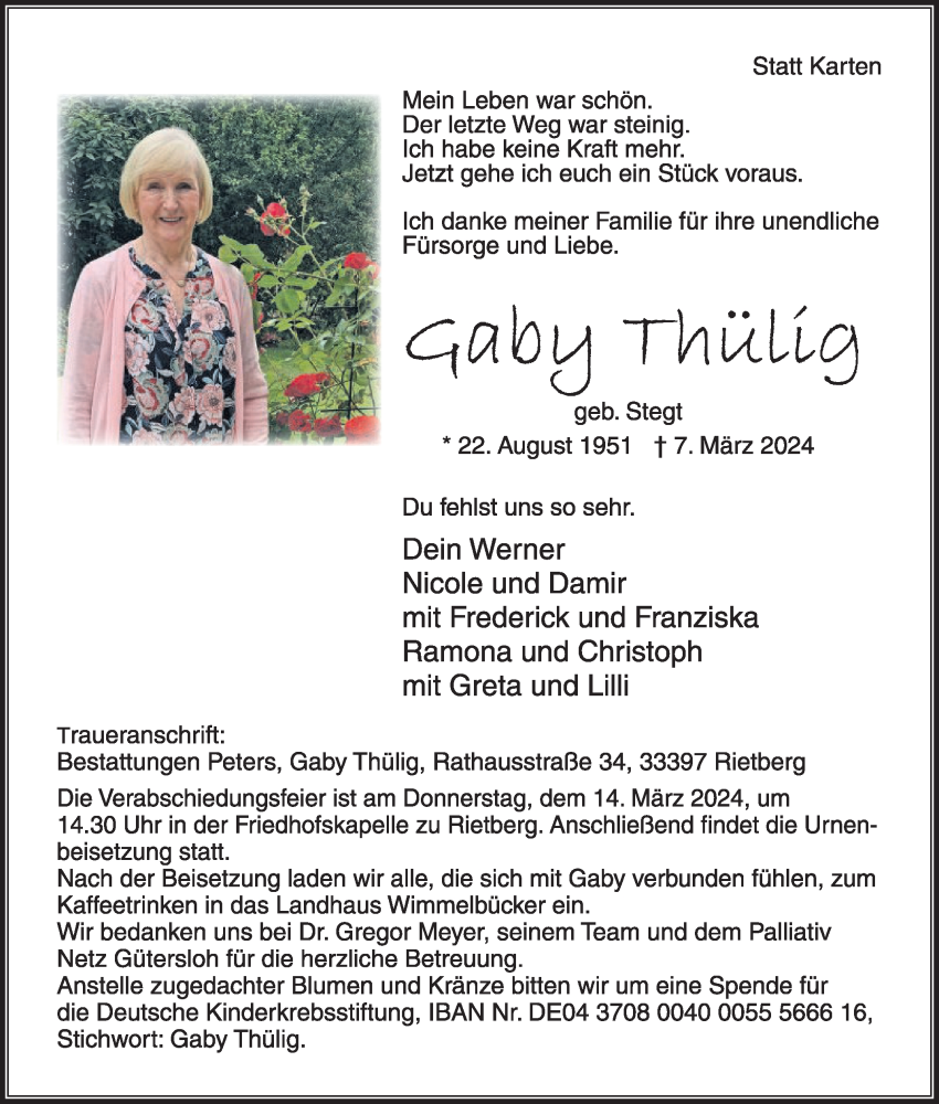  Traueranzeige für Gaby Thülig vom 09.03.2024 aus Die Glocke