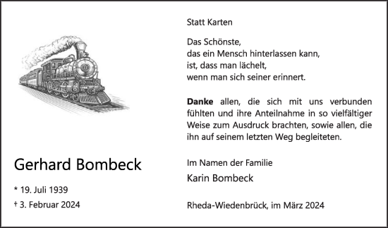 Traueranzeige von Gerhard Bombeck von Die Glocke