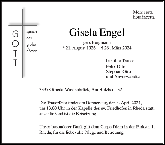 Traueranzeige von Gisela Engel von Die Glocke