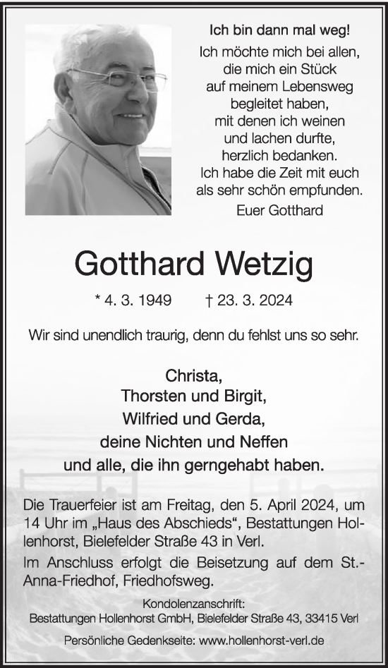 Traueranzeige von Gotthard Wetzig von Die Glocke