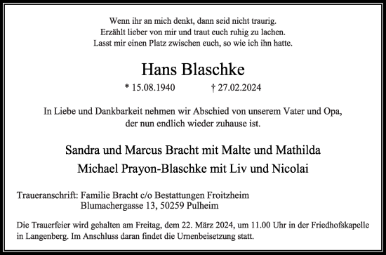 Traueranzeige von Hans Blaschke von Die Glocke