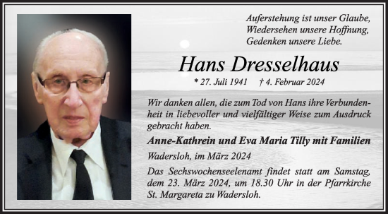 Traueranzeige von Hans Dresselhaus von Die Glocke