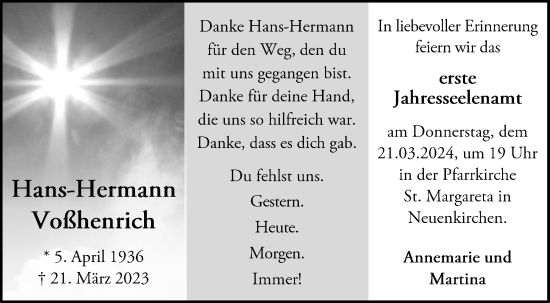 Traueranzeige von Hans-Hermann Voßhenrich von Die Glocke