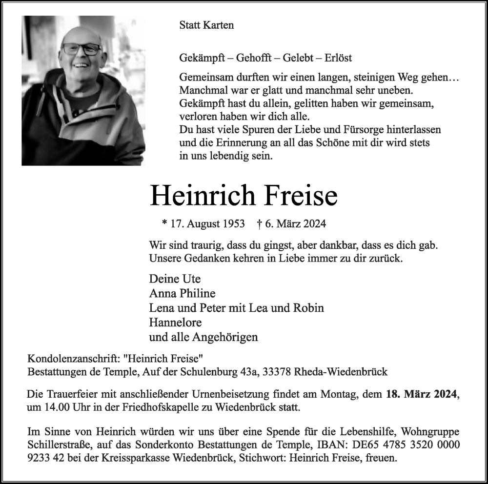  Traueranzeige für Heinrich Freise vom 09.03.2024 aus Die Glocke