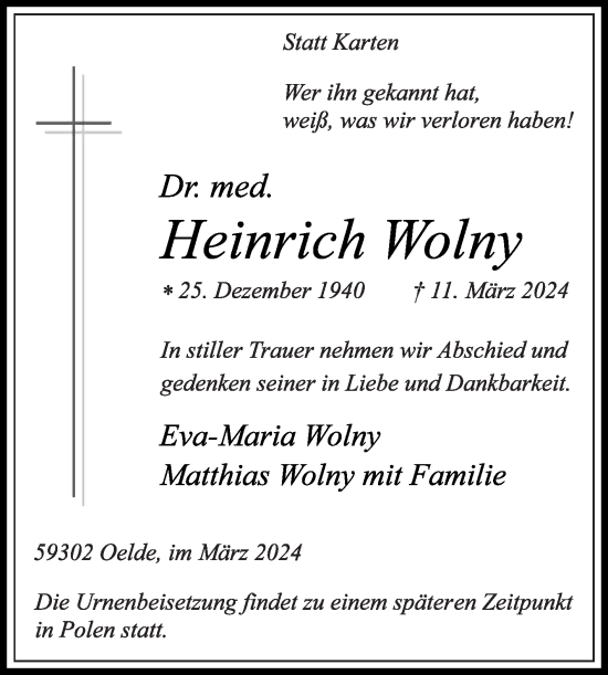 Traueranzeige von Heinrich Wolny von Die Glocke