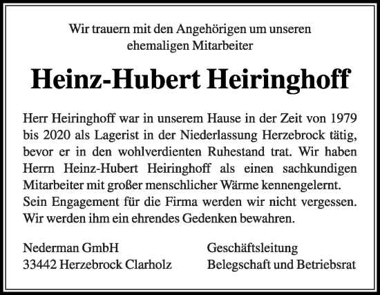 Traueranzeige von Heinz-Hubert Heiringhoff von Die Glocke