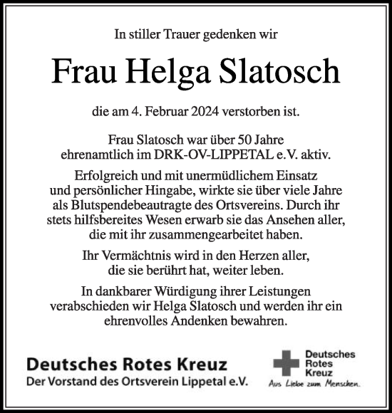 Traueranzeige von Helga Slatosch von Die Glocke