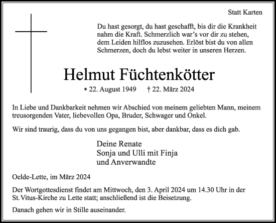 Traueranzeige von Helmut Füchtenkötter von Die Glocke