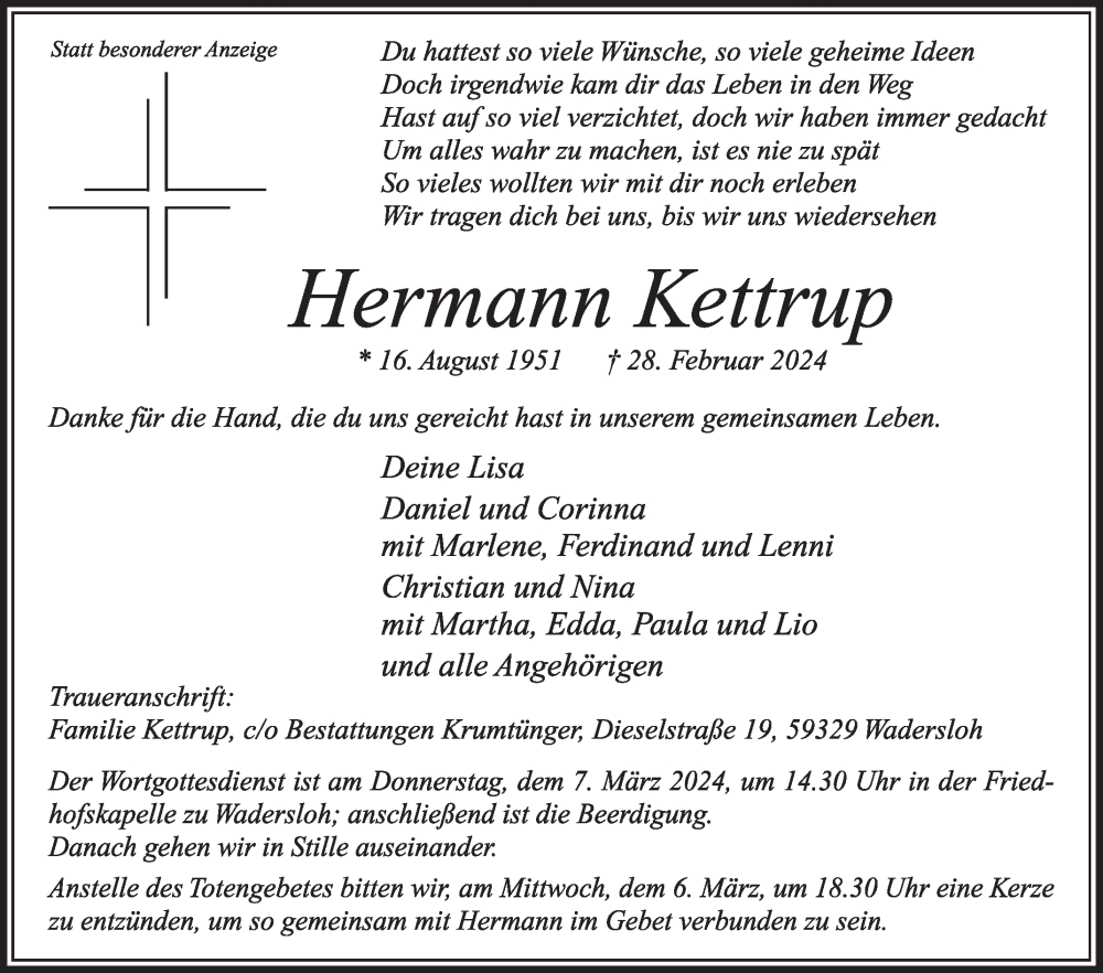  Traueranzeige für Hermann Kettrup vom 02.03.2024 aus Die Glocke