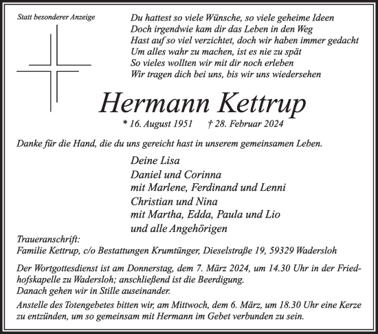 Traueranzeige von Hermann Kettrup von Die Glocke