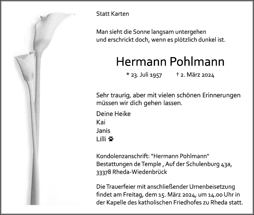  Traueranzeige für Hermann Pohlmann vom 09.03.2024 aus Die Glocke