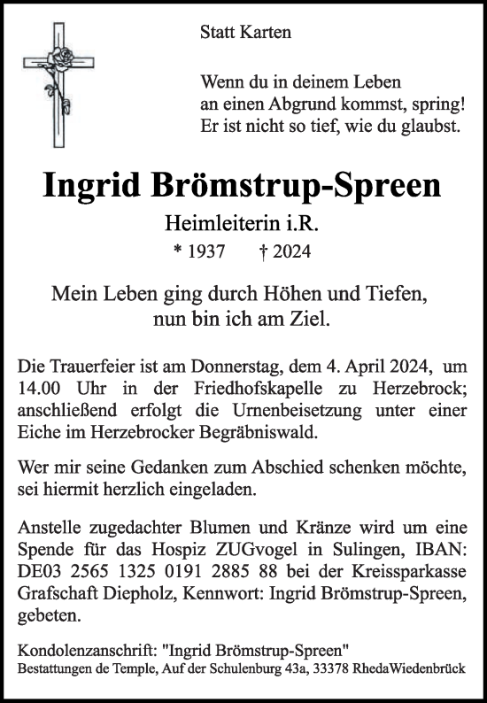 Traueranzeige von Ingrid Brömstrup-Spreen von Die Glocke