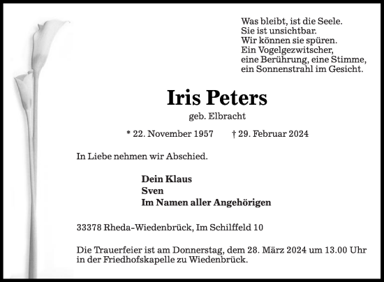 Traueranzeige von Iris Peters von Die Glocke