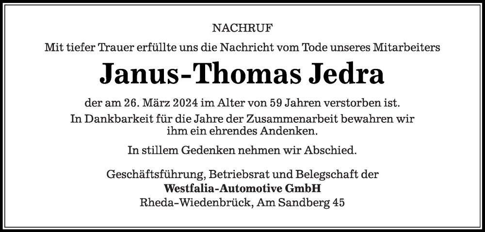  Traueranzeige für Janus-Thomas Jedra vom 29.03.2024 aus Die Glocke