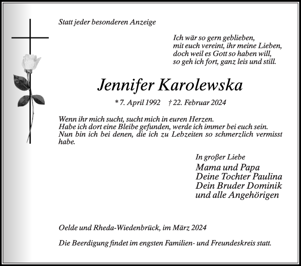  Traueranzeige für Jennifer Karolewska vom 02.03.2024 aus Die Glocke