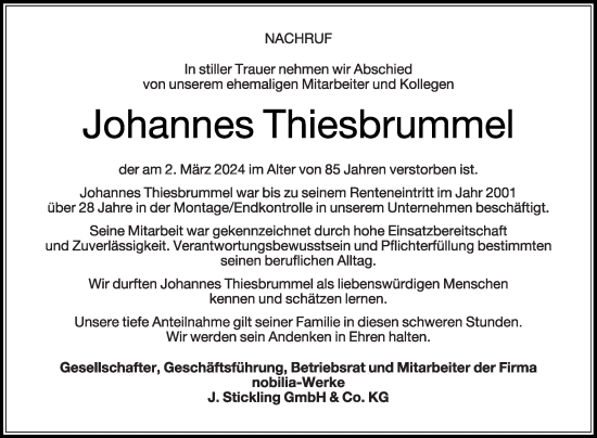 Traueranzeige von Johannes Thiesbrummel von Die Glocke