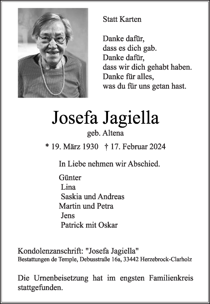  Traueranzeige für Josefa Jagiella vom 09.03.2024 aus Die Glocke