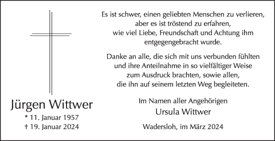 Traueranzeige von Jürgen Wittwer von Die Glocke