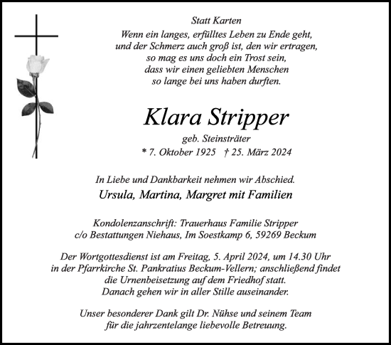 Traueranzeige von Klara Stripper von Die Glocke