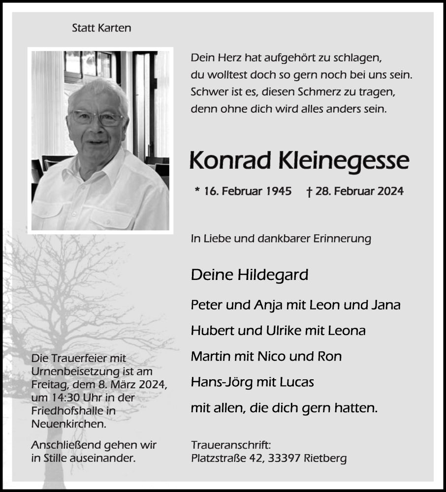  Traueranzeige für Konrad Kleinegesse vom 02.03.2024 aus Die Glocke