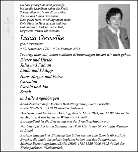 Traueranzeige von Lucia Oesselke von Die Glocke