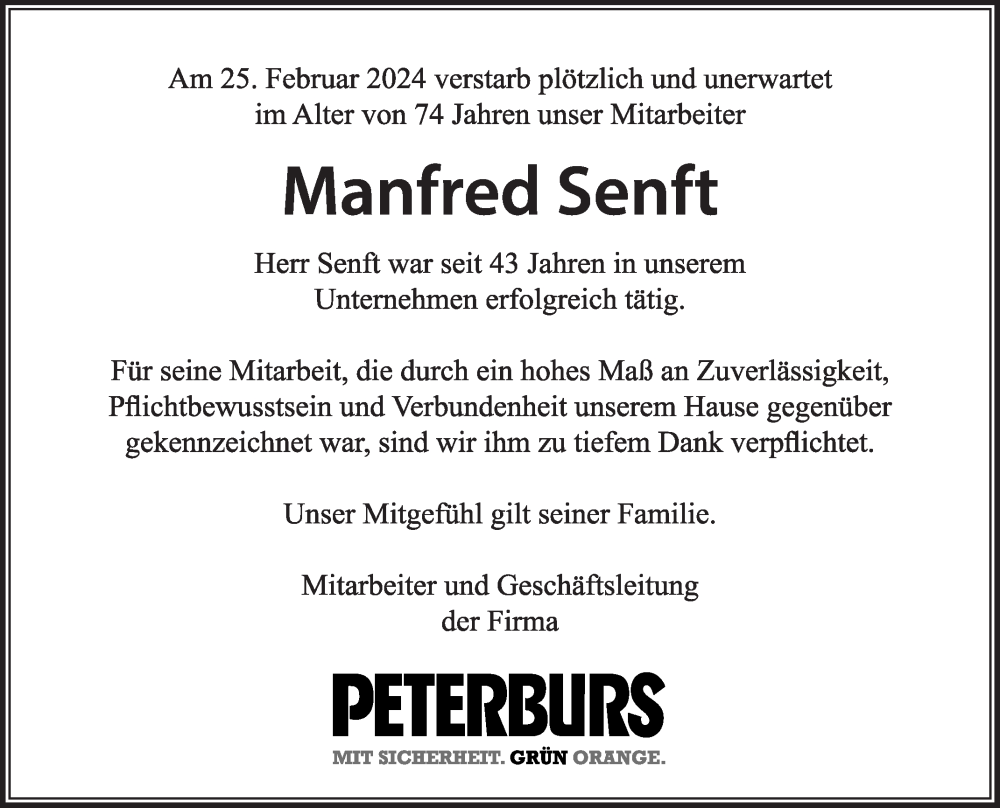  Traueranzeige für Manfred Senft vom 02.03.2024 aus Die Glocke