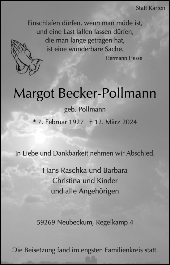 Traueranzeige von Margot Becker-Pollmann von Die Glocke